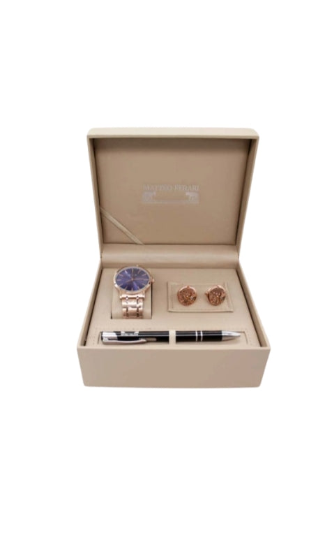 SET FÜR HERREN, DREI TEILE, ELEGANTE BOX MIT UHR, MANSCHETTENKNÖPFEN UND METALLISCHEM STIFT, ROSÉGOLD