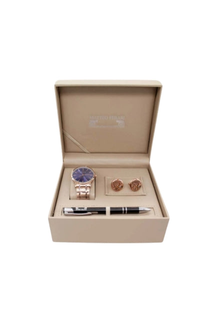 SET FOR MEN, TREE PIECES, ELEGANT BOX WITH WATCH, CUFFLINKS ANS METTALIC PEN, ROSE GOLD