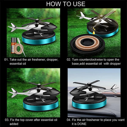 PROMO DIFFUSER CAR AIR FRESHENER WITH SOLAR CHARGE, NON SLIP BASE + BONUS ESSENTIAL OIL  - HELICOPTER MODEL