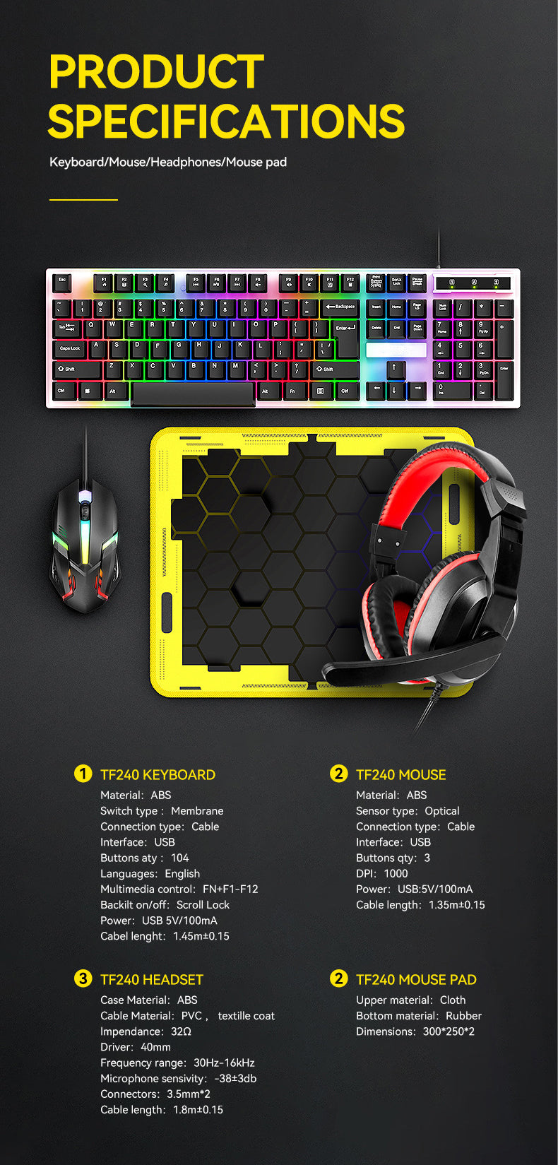 BEST OFFER GAMING KIT 4 IN 1 KINSI, RGB, KEYBOARD, HEADPHONES, MOUSE, MOUSEPAD