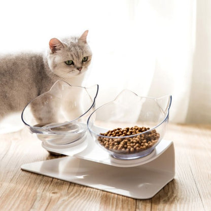 INCLINED SUPPORT WITH 2 BOWLS FOR FEEDING CATS