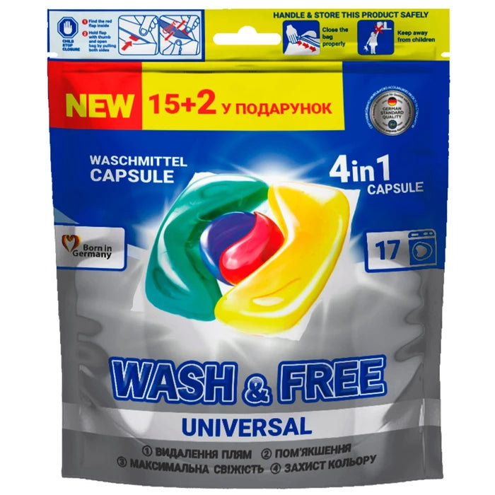 LAUNDRY DETERGENT CAPSULES, WASH & FREE 4 in 1 UNIVERSAL, 17 WASHES