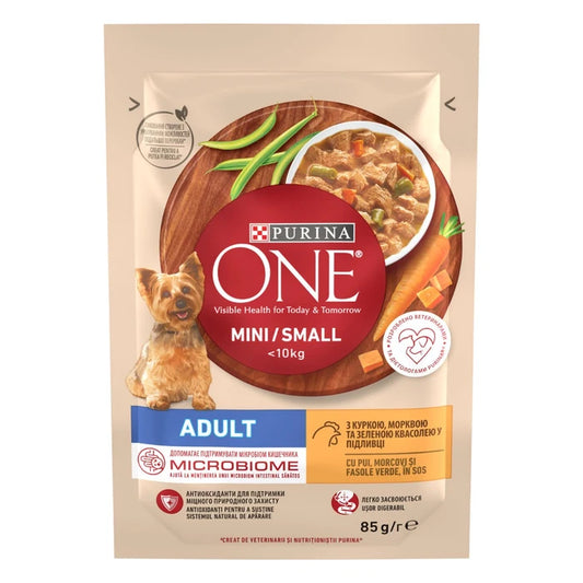 NASSFUTTER FÜR HUNDE PURINA ONE MINI, 85 g, KLEINE GRÖSSE, ERWACHSENE, HUHN IN SOUS