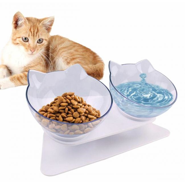 SUPPORT INCLINÉ AVEC 2 BOLS POUR ALIMENTER LES CHATS