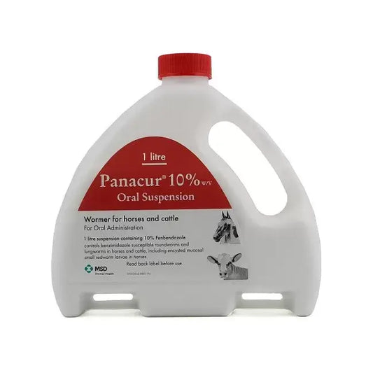 Panacur 10% Oral Suspension 1L dewormer for horses, cattle, and pets in white bottle with red cap.