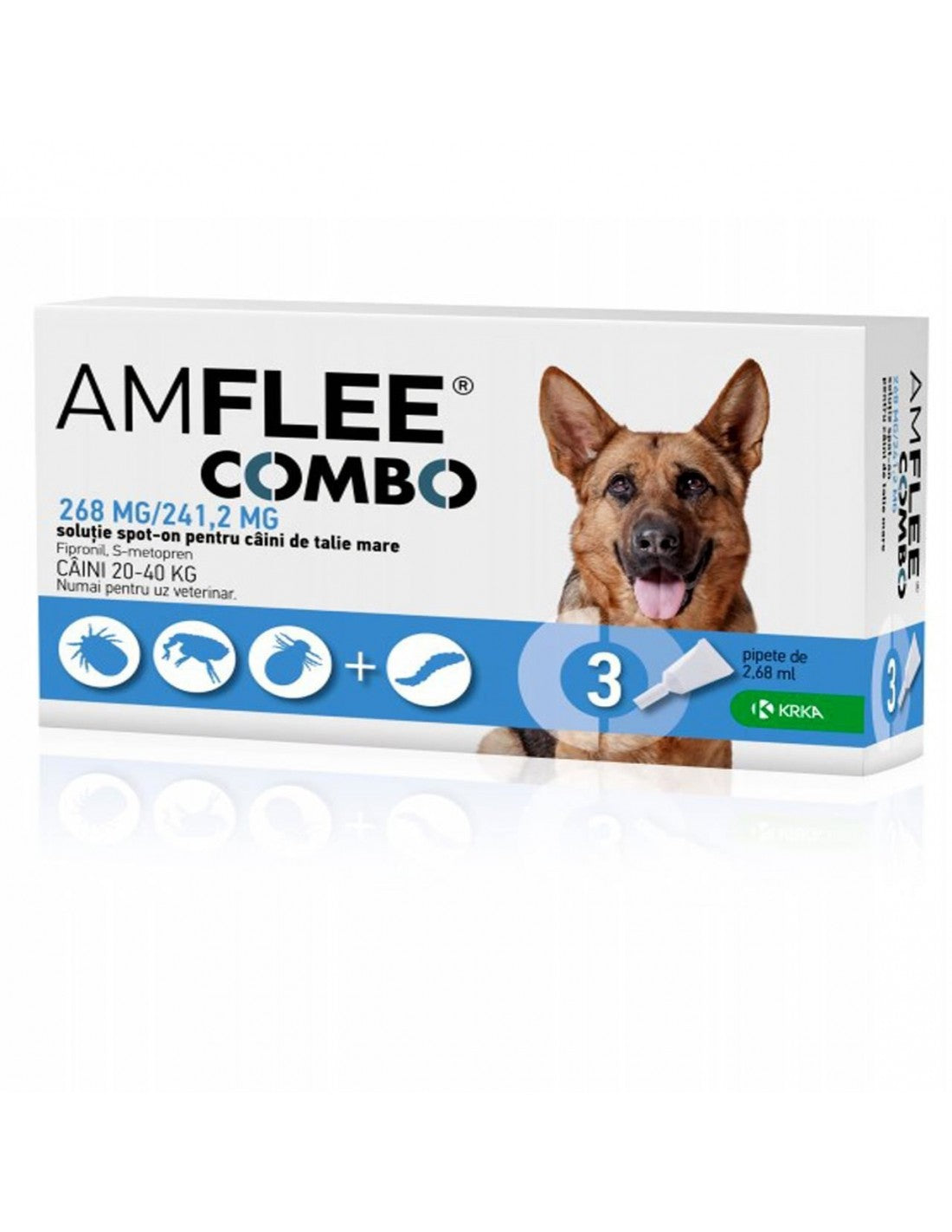 AMFLEE COMBO for dogs 20-40 kg, 3 pipets packaging, effective flea and tick treatment solution.