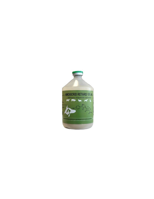 AMOXICRID RETARD 15% injectable suspension bottle for cattle, sheep, pigs, dogs, and cats.