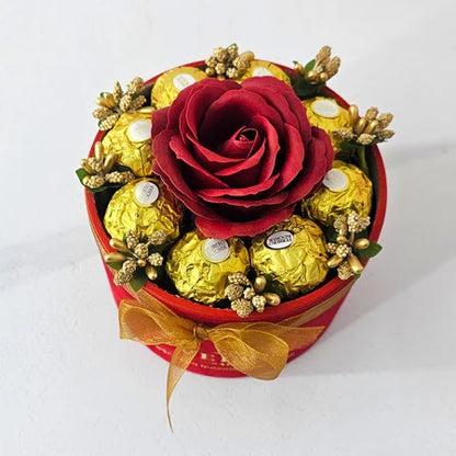 FLORAL ARRANGEMENT WITH A SOAP ROSE, GOLD STAMEN AND 8 Ferrero Rocher, RED VELVET BOX, RED