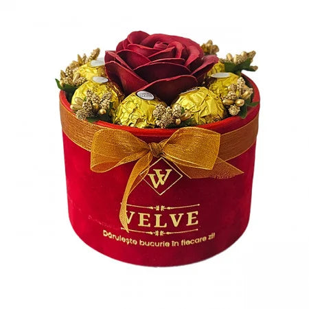 FLORAL ARRANGEMENT WITH A SOAP ROSE, GOLD STAMEN AND 8 Ferrero Rocher, RED VELVET BOX, RED