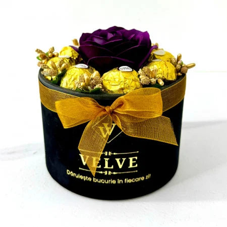 FLORAL ARRANGEMENT WITH A SOAP ROSE, GOLD STAMEN AND 8 Ferrero Rocher, BLACK VELVET BOX, PURPLE BURGUNDY