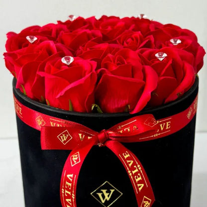 FLORAL ARRANGEMENT WITH 15 SOAP ROSES, HANDMADE, BLACK VELVET BOX, BLACK