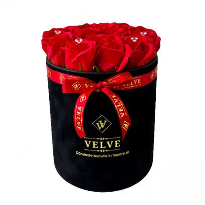 FLORAL ARRANGEMENT WITH 15 SOAP ROSES, HANDMADE, BLACK VELVET BOX, BLACK