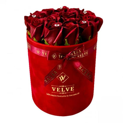 ARRANGEMENT FLORAL AVEC 15 ROSES À SAVON, FAIT MAIN, BOÎTE EN VELOURS ROUGE, ROUGE