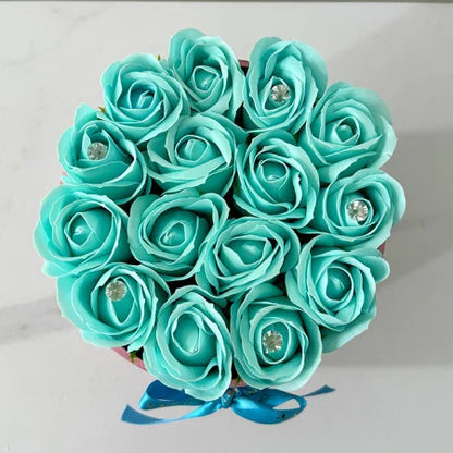 FLORAL ARRANGEMENT WITH 15 SOAP ROSES, HANDMADE, PINK VELVET BOX, GLACIER BLUE