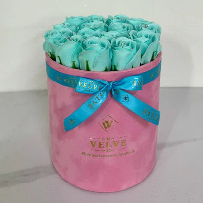 FLORAL ARRANGEMENT WITH 15 SOAP ROSES, HANDMADE, PINK VELVET BOX, GLACIER BLUE