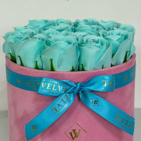 FLORAL ARRANGEMENT WITH 15 SOAP ROSES, HANDMADE, PINK VELVET BOX, GLACIER BLUE