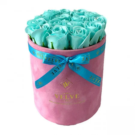 FLORAL ARRANGEMENT WITH 15 SOAP ROSES, HANDMADE, PINK VELVET BOX, GLACIER BLUE