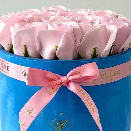 FLORAL ARRANGEMENT WITH 15 SOAP ROSES, HANDMADE, BLUE VELVET BOX, PINK