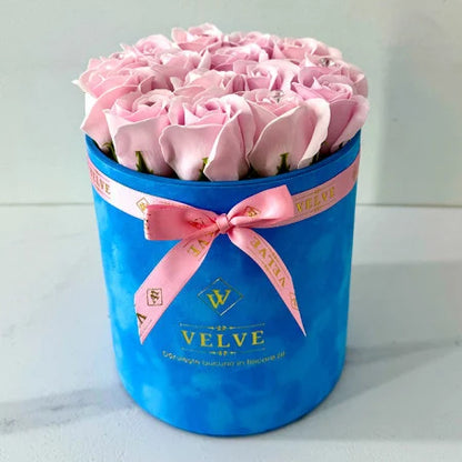 FLORAL ARRANGEMENT WITH 15 SOAP ROSES, HANDMADE, BLUE VELVET BOX, PINK