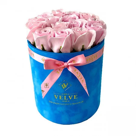 FLORAL ARRANGEMENT WITH 15 SOAP ROSES, HANDMADE, BLUE VELVET BOX, PINK