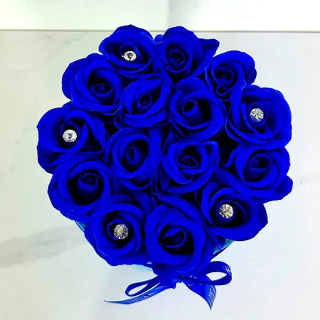 Luxurious Blue Velvet Floral Arrangement: 15 Handmade Soap Roses