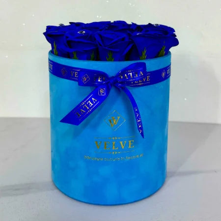 FLORAL ARRANGEMENT WITH 15 SOAP ROSES, HANDMADE, BLUE VELVET BOX, BLUE