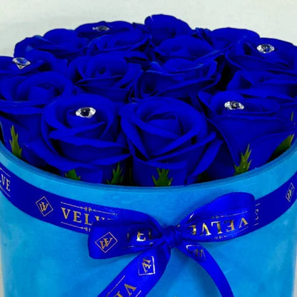 FLORAL ARRANGEMENT WITH 15 SOAP ROSES, HANDMADE, BLUE VELVET BOX, BLUE