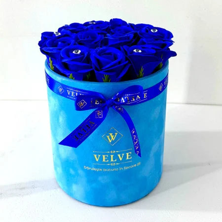 FLORAL ARRANGEMENT WITH 15 SOAP ROSES, HANDMADE, BLUE VELVET BOX, BLUE