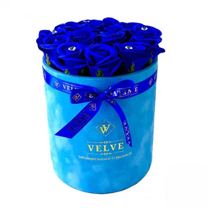 FLORAL ARRANGEMENT WITH 15 SOAP ROSES, HANDMADE, BLUE VELVET BOX, BLUE