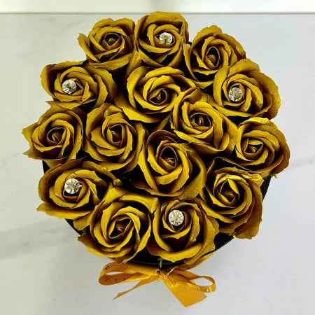 FLORAL ARRANGEMENT WITH 15 SOAP ROSES, HANDMADE, BLACK VELVET BOX,GOLD