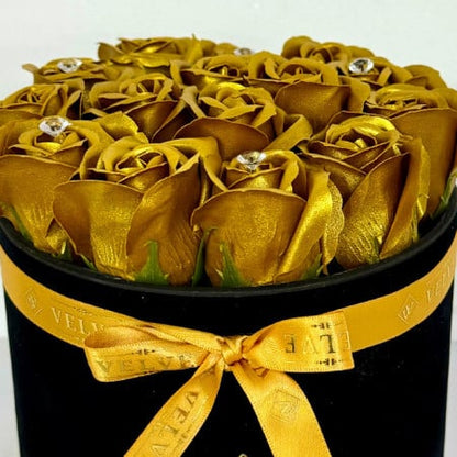 FLORAL ARRANGEMENT WITH 15 SOAP ROSES, HANDMADE, BLACK VELVET BOX,GOLD