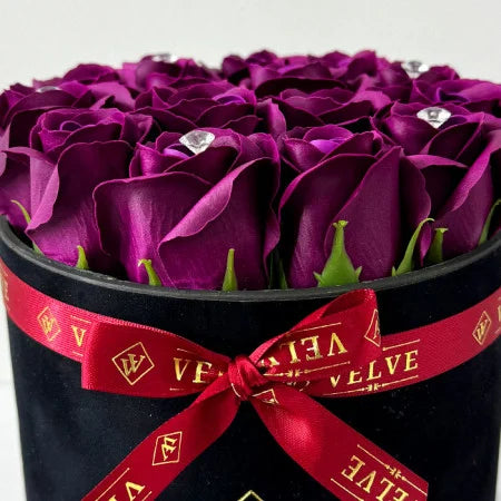 FLORAL ARRANGEMENT WITH 15 SOAP ROSES, HANDMADE,BLACK VELVET BOX, DARK PURPLE