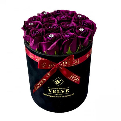 FLORAL ARRANGEMENT WITH 15 SOAP ROSES, HANDMADE,BLACK VELVET BOX, DARK PURPLE