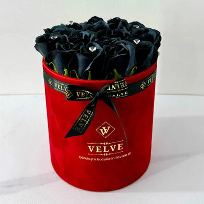 FLORAL ARRANGEMENT WITH 15 SOAP ROSES, HANDMADE, RED VELVET BOX, BLACK