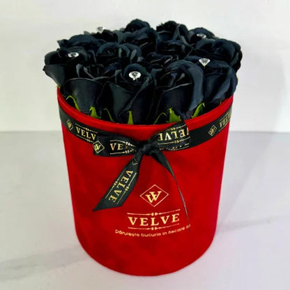 FLORAL ARRANGEMENT WITH 15 SOAP ROSES, HANDMADE, RED VELVET BOX, BLACK