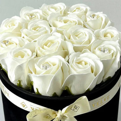 FLORAL ARRANGEMENT WITH 15 SOAP ROSES, HANDMADE, BLACK VELVET BOX, WHITE