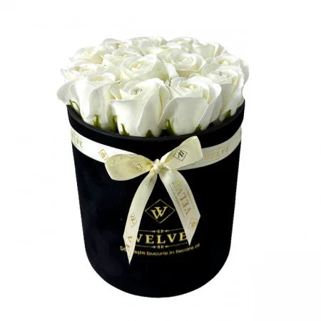 FLORAL ARRANGEMENT WITH 15 SOAP ROSES, HANDMADE, BLACK VELVET BOX, WHITE