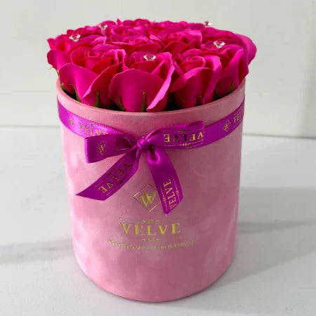 FLORAL ARRANGEMENT WITH 15 SOAP ROSES, HANDMADE, PINK VELVET BOX, FUCHSIA