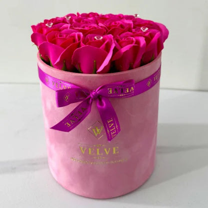 Vibrant Floral Arrangement: Handmade Soap Roses in Pink Velvet Box