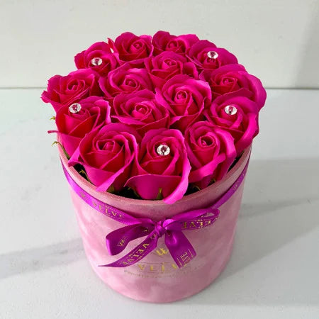 FLORAL ARRANGEMENT WITH 15 SOAP ROSES, HANDMADE, PINK VELVET BOX, FUCHSIA