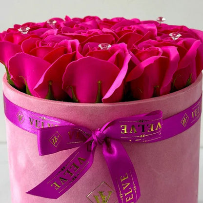 FLORAL ARRANGEMENT WITH 15 SOAP ROSES, HANDMADE, PINK VELVET BOX, FUCHSIA