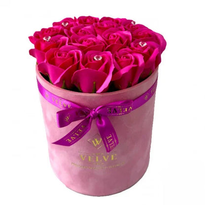 FLORAL ARRANGEMENT WITH 15 SOAP ROSES, HANDMADE, PINK VELVET BOX, FUCHSIA