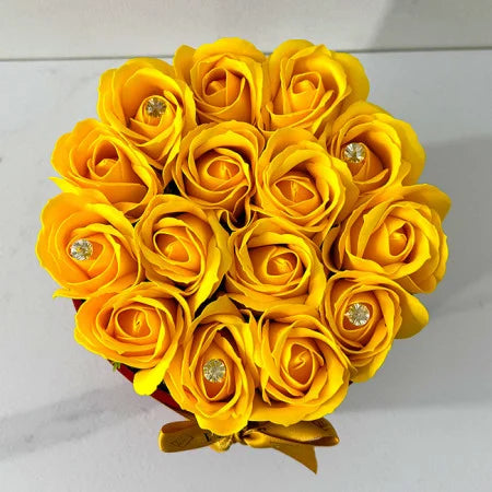 FLORAL ARRANGEMENT WITH 15 SOAP ROSES, HANDMADE, RED VELVET BOX, YELLOW