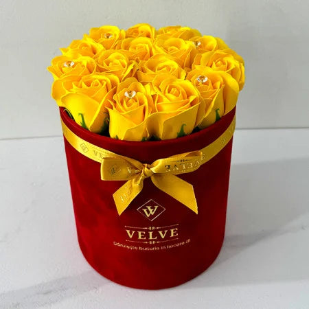 FLORAL ARRANGEMENT WITH 15 SOAP ROSES, HANDMADE, RED VELVET BOX, YELLOW