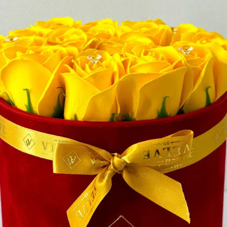 FLORAL ARRANGEMENT WITH 15 SOAP ROSES, HANDMADE, RED VELVET BOX, YELLOW