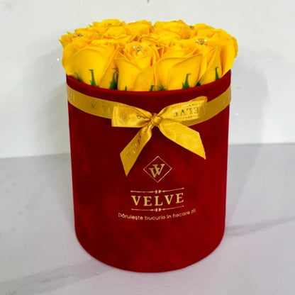 FLORAL ARRANGEMENT WITH 15 SOAP ROSES, HANDMADE, RED VELVET BOX, YELLOW