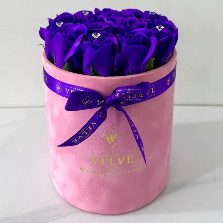 FLORAL ARRANGEMENT WITH 15 SOAP ROSES, HANDMADE,PINK VELVET BOX, INDIGO BLUE