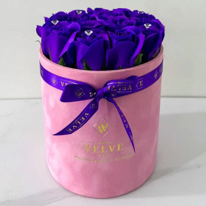 FLORAL ARRANGEMENT WITH 15 SOAP ROSES, HANDMADE,PINK VELVET BOX, INDIGO BLUE