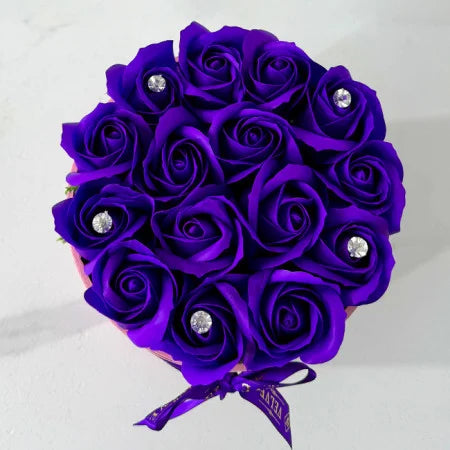 FLORAL ARRANGEMENT WITH 15 SOAP ROSES, HANDMADE,PINK VELVET BOX, INDIGO BLUE