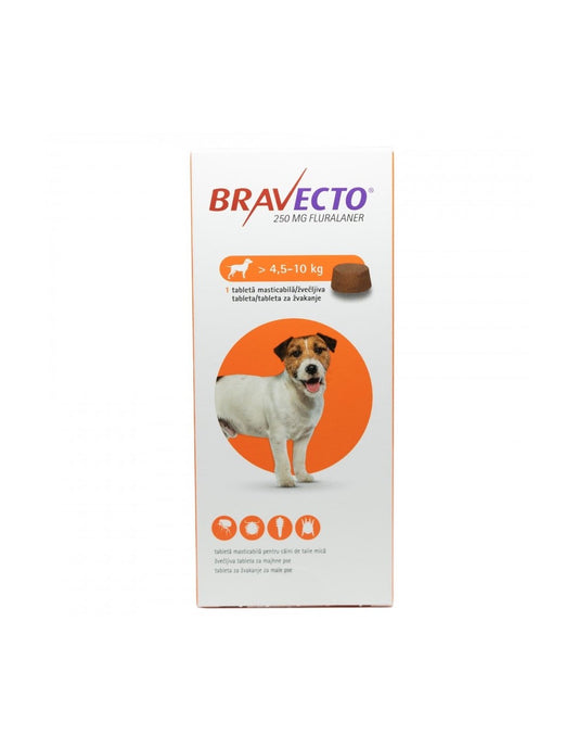 Bravecto 250mg chewable tablets for dogs (4.5-10kg) for flea and tick treatment packaging.